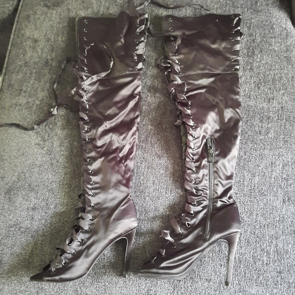 Black Lace-Up Over-the-Knee Stiletto Boots - Women